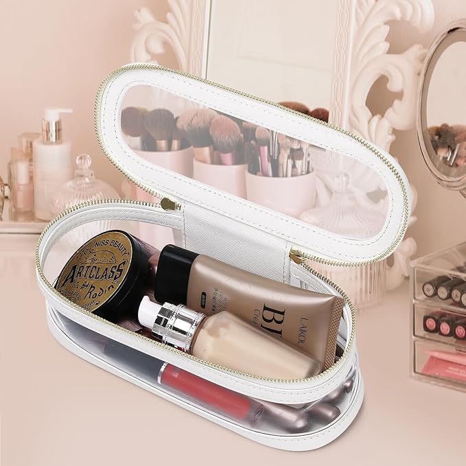 Pinkmik Makeup Brush Case Clear Travel Cosmetic & Toiletry Bag Slim Makeup Bag with Zipper Small Purse Organizer Car Essential Bag for Women (White, SLIM L)