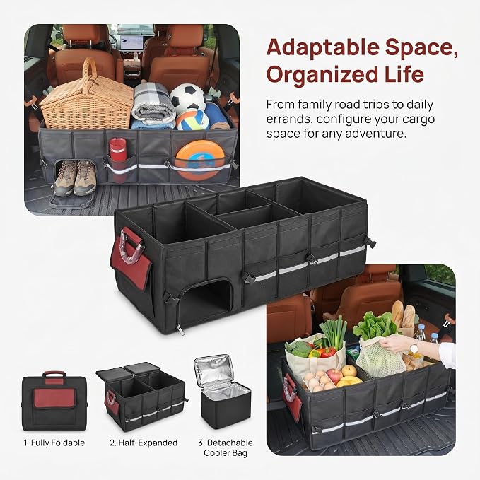 J&J Car Trunk Organizer 112L & Collapsible Cooler Bag 31.5L, 1680D Premium Durable Adjustable Storage for Road Trip Essentials, Car Accessories for Men & Women, SUV, Truck (Extra Large)