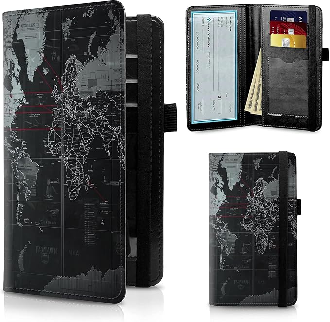 FUYOCWE Leather Checkbook Covers for Men Women Check book Holder Cover Wallets for Personal Checkbook Duplicate Checks with RFID Blocking & Elastic Strap-Black Gray World Map with red line