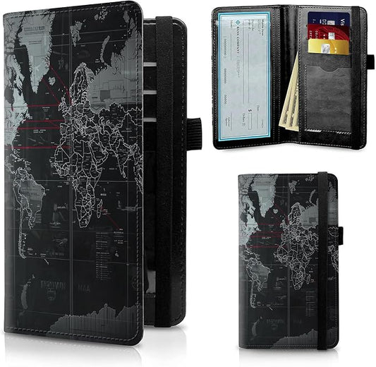 FUYOCWE Leather Checkbook Covers for Men Women Check book Holder Cover Wallets for Personal Checkbook Duplicate Checks with RFID Blocking & Elastic Strap-Black Gray World Map with red line
