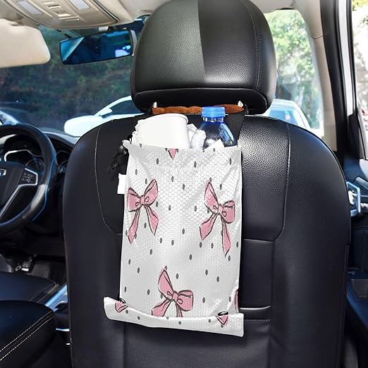 YETTASBIN Bow Pink Hanging Car Trash Can with for Front Back Seat 2 Packs, Waterproof Washable Reusable Automotive Garbage Bin, Versatile Car Accessories Trash Bag
