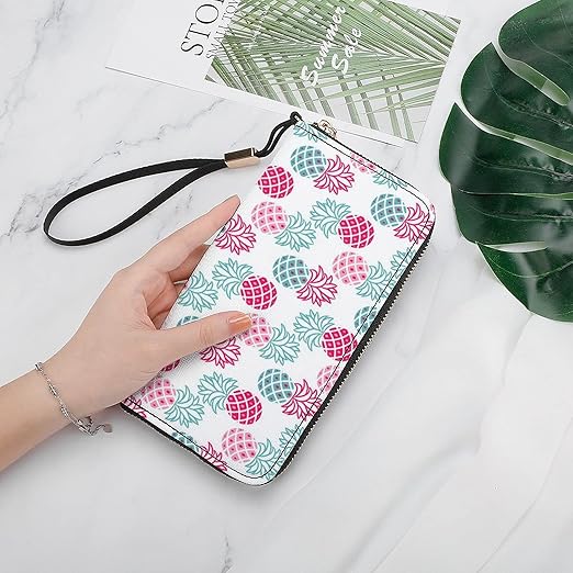Clutch Wallet Holder for Women Men Blue Pink Geometric Pineapple Portable Accordion Zipper Credit Card Storage Bag Waterproof Purse Leather Wallet for Travel Work Shopping