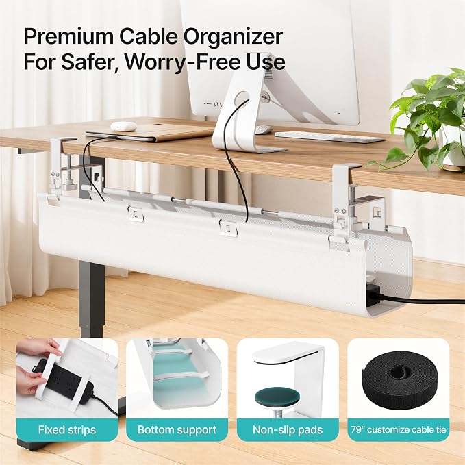 PEGZONE No Drill Under Desk Cable Management Tray, 31.5" Cord Management Under Desk for Table, Clamp Mount Desk Cable Management, Premium Fabric Wire Management Tray for Office, Home, White