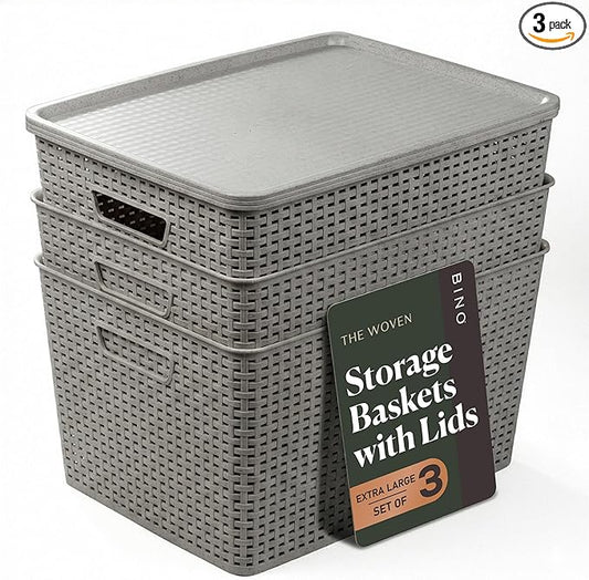 BINO | Plastic Storage Baskets with Lids, 33 Liter - 3 Pack, Natural Grey | THE WOVEN COLLECTION | Storage Basket for Shelves | Woven Storage Baskets for Organizing Bins | Pantry Shelf Organizer Bin