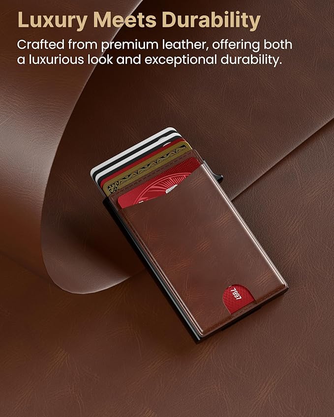 typecase Flip Pop Up Wallet for Men Card Holder: Smart Privacy & lD Display Mode, RFID Blocking, Slim Genuine Leather, Minimalist Front Pocket - 8 Cards Capacity | ID Window | Money Clip (Brown)