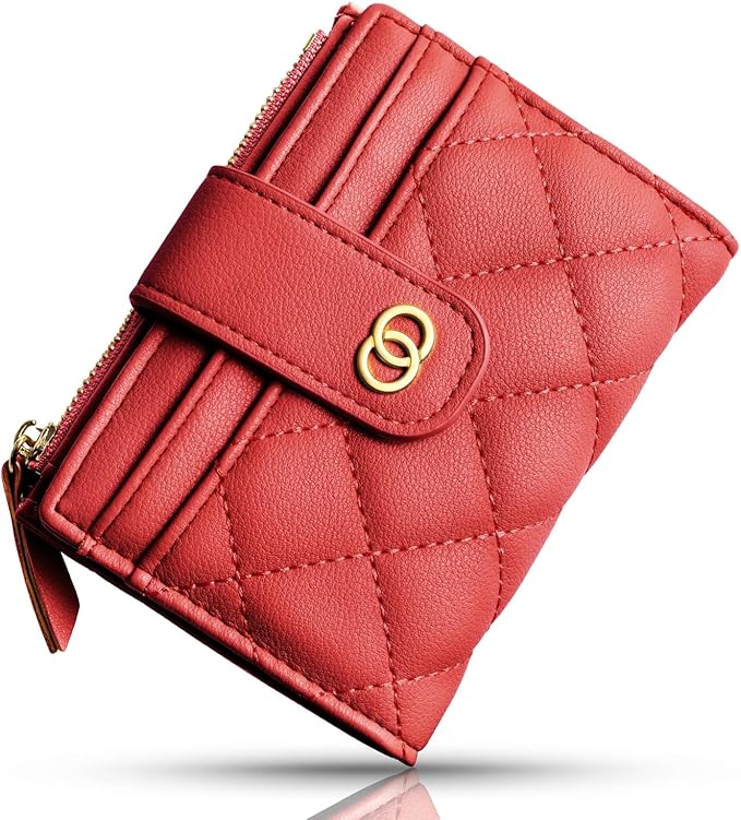 Avando Small Wallet For Women- Credit Card Holder Wallet For Women Girls- Zipper Small Bifold Wallet Mini Coin Purse With ID Window (Red)