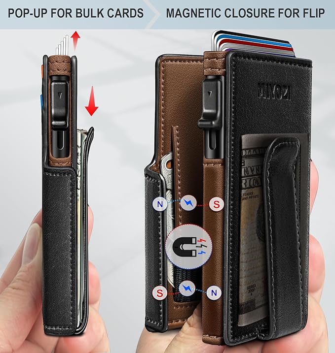 miyozi Men Wallet,with Money Clip Coins Pocket ID Window,Slim Front Pocket RFID Blocking Pop-up Card Holder 3.9"x 2.7", Gift Boxed