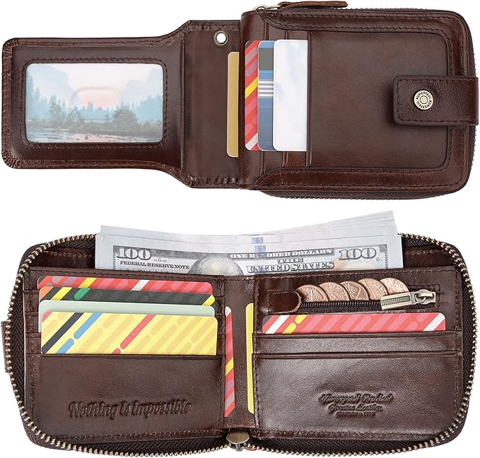 gzcz Mens Wallet with Zipper Genuine Leather Bifold Purse for Men ID Window and Zip Coin Pocket (Coffee)