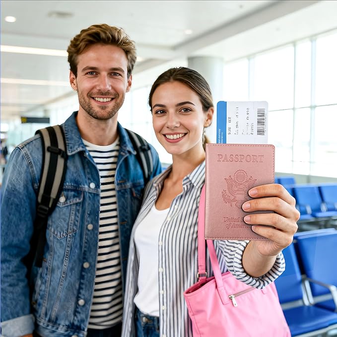 Passport Holder for Travel Men Women - Passport Cover, Passport Wallet Case Travel Essentials Travel Must Haves Accessories Blocking Leather Card Slot Protector for Stocking Stuffers Gifts, Rose Pink