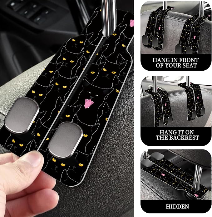 PU Leather Car Seat Hook, Storage Headrest Hanger, Cute Car Backseat Organizer, Car Hooks for Purses and Bags Black Cats
