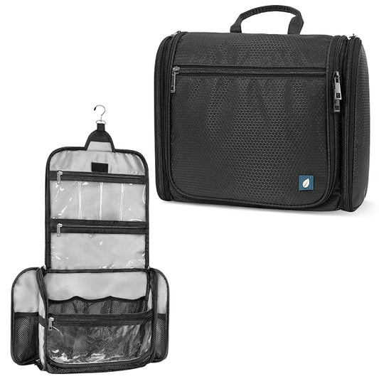 PAVILIA Large Hanging Toiletry Bag for Women Men, Travel Cosmetic Organizer with 10 Compartments, Swivel Hook and 3 Leakproof Pockets, Water Resistant Makeup Case, Packs Flat, Black