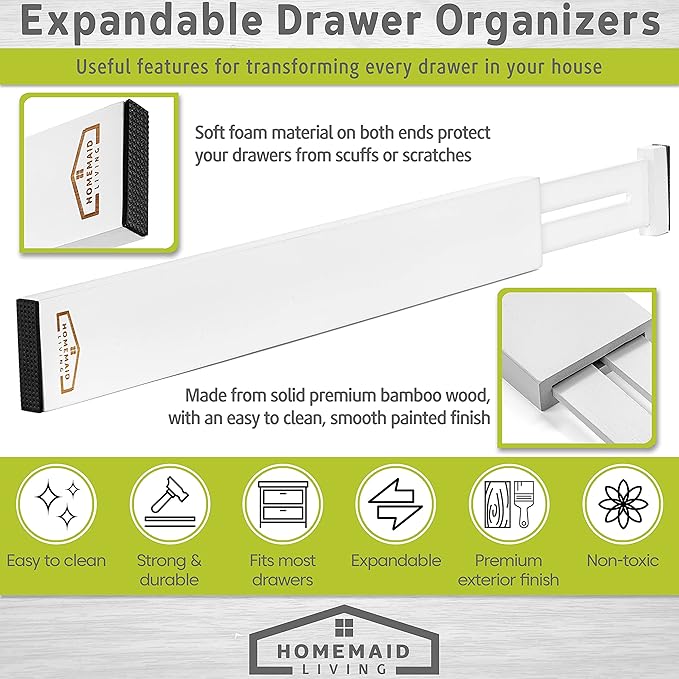 Homemaid Living Bamboo Drawer Dividers, Adjustable & Expandable, 4 Pack, White, Kitchen, Bathroom & Office Drawer Organizer (4pk)