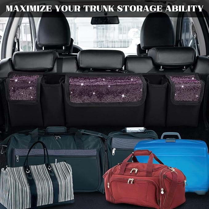 eing Car Trunk Organizer and Storage, Backseat Hanging Organizer for SUV, Truck, MPV, Waterproof, Collapsible Cargo Storage Bag with 5 Pockets, Bling Car Interior Accessories for Women,Purple