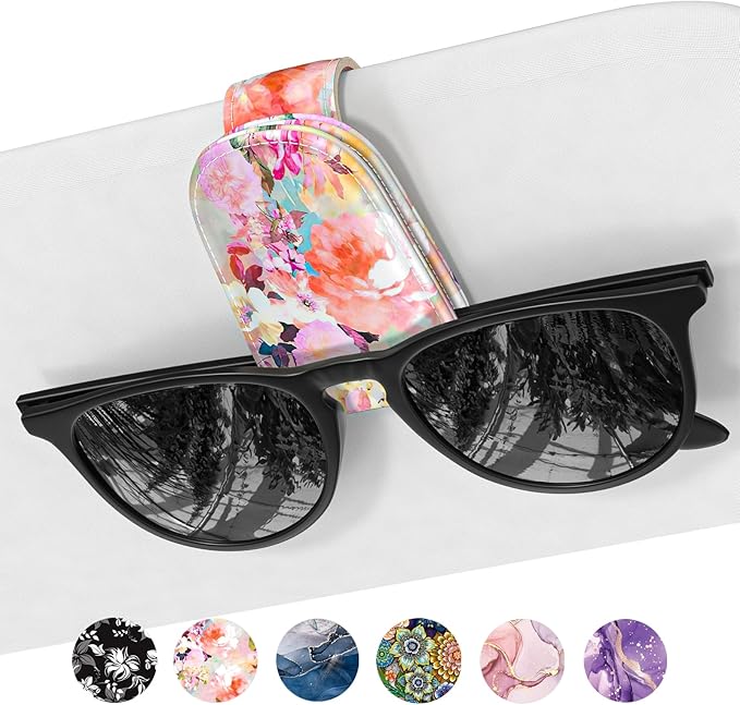 Sunglasses Holder for Car Visor, Magnetic Leather Car Sunglass Holder, Car Sun Visor Glasses Hanger Clip, Car Interior Accessories for Women Men, Fits All Size Eyeglasses