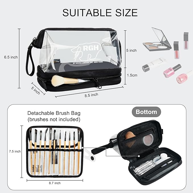 Rough Enough Clear Cosmetic Bag for Women and Men, Leakproof Travel Makeup Organizer, with Detachable Brush Pouch, Large Opening, 6.5”x5”x8.5”