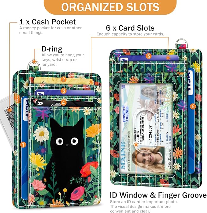 Yonlevres Black Cat Credit Card Holder Slim Wallet, Floral RFID Wallet Women Front Pocket Small Card Holder, Travel Funny Cute Thin Card Case ID Window PU Leather RFID Blocking Card Organizer Girls