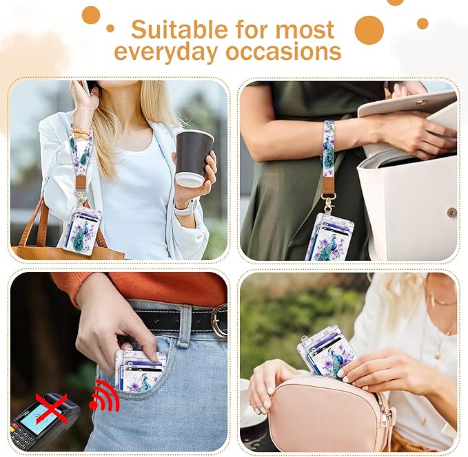Yonlevres Peacock Credit Card Holder Slim Wallet, RFID Wallet Women Front Pocket Wristlet Lanyard, Small Card Holder Travel Funny Cute Thin ID Window PU Leather Case Organizer Gifts Girls