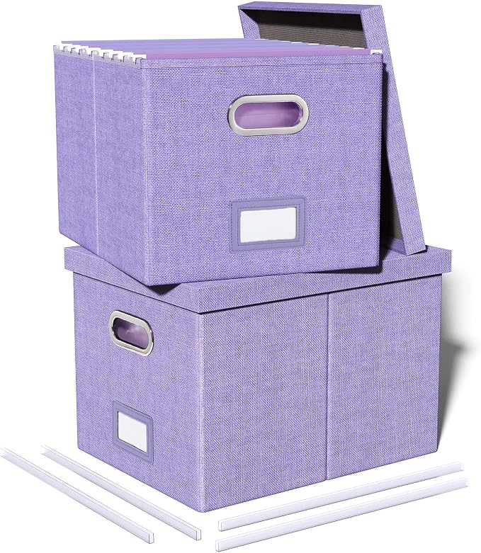 Oterri 2 Pack File Storage Organizer, Filing Box, Portable File Box with Lid, Fit for Letter/Legal File Folder Storage, Document Organizer, Lavender