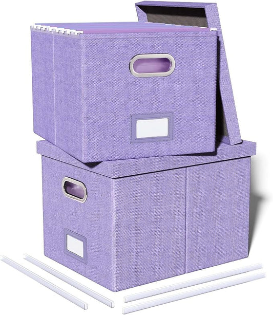 Oterri 2 Pack File Storage Organizer, Filing Box, Portable File Box with Lid, Fit for Letter/Legal File Folder Storage, Document Organizer, Lavender