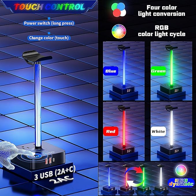 RGB Headphone Stand with USB Charger COZOO Desktop Gaming Headset Holder Hanger with 3 USB Charger and 2 Outlets - Great for Gaming, DJ, Wireless Earphone Display,Gamer PC Accessories Boyfriend Gifts