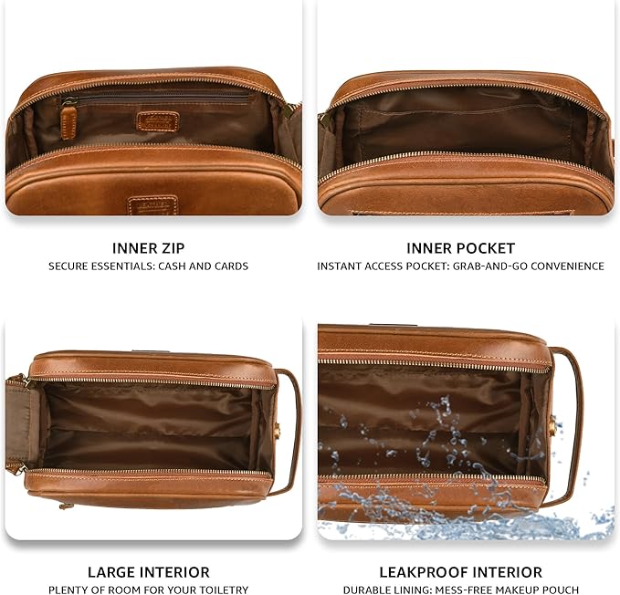 LEATHER VILLAGE Genuine Leather Toiletry Travel Bag With Waterproof Lining - Sun Tan | King-Size Handcrafted Vintage Dopp Kit Bag, Shaving & Bathroom Organizer, Gift for Men & Women