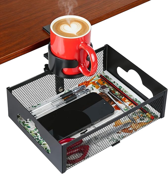 MYITYARD Desk Cup Holder Clamp, Anti-Spill Clip On Table Cup Holder with Rotation Drawer Organizer, Under Desk Storage Box Drink Holder for Desk Attachment, Gaming Desk Accessories for Office Home
