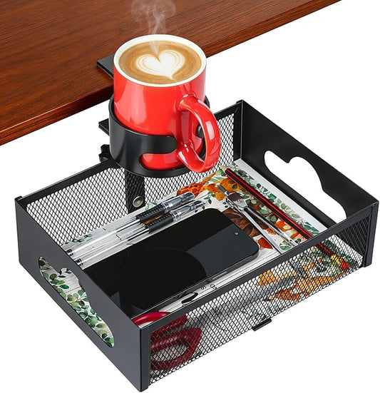 MYITYARD Desk Cup Holder Clamp, Anti-Spill Clip On Table Cup Holder with Rotation Drawer Organizer, Under Desk Storage Box Drink Holder for Desk Attachment, Gaming Desk Accessories for Office Home