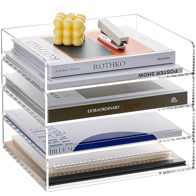 HeZone 4 Tier Paper Organizer for Desk,Acrylic Paper Tray,Clear Stackable Desk Organizer for Document, Office File,A4 Paper
