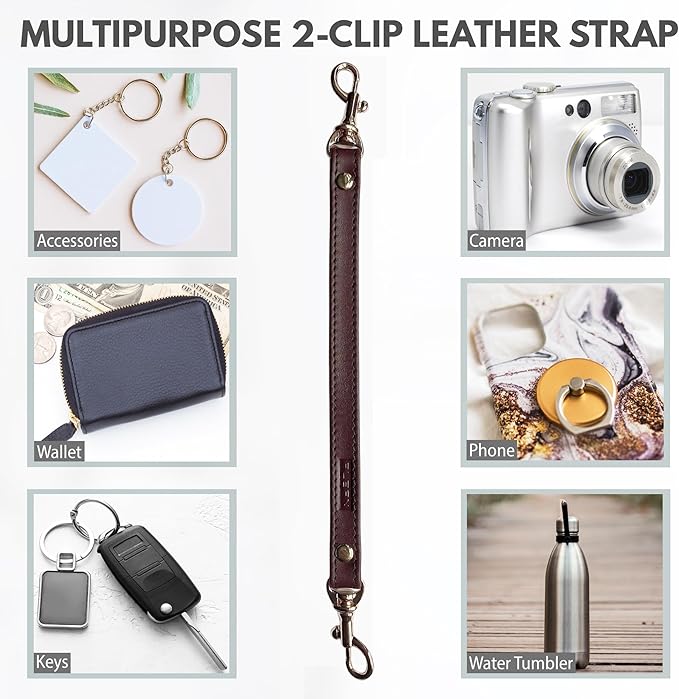 Alban Leather 2-Clip Strap for Wallet, Clutch, Wristlet Purse, Keys, Keychain for Women and Men