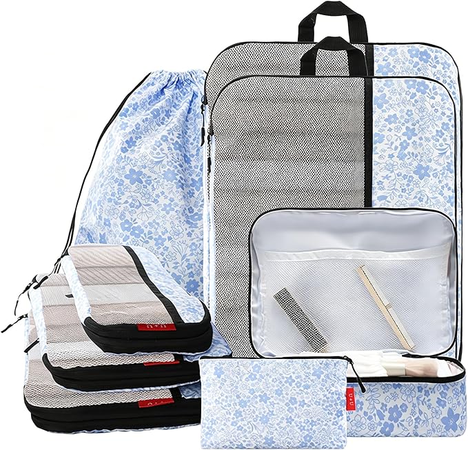 U+U 8 Set Compression Packing Cubes - Ultralight Travel Organizers with Laundry Bag and Cosmetic Bag, Space-Saving Suitcase Organizer for Travel, Business Trip and Family Vacation (Blue Flower)