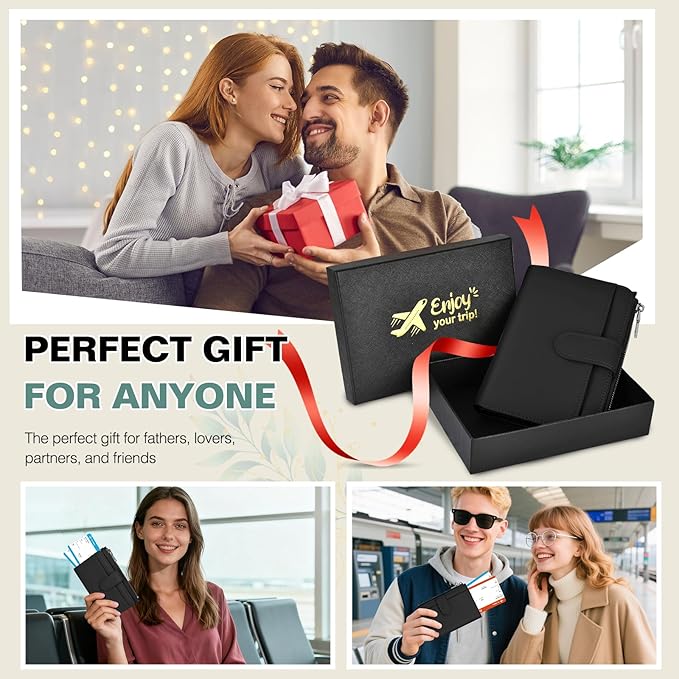 Passport Holder for Travel, Leather Passport Wallet with Airtag Slot, RFID Blocking Travel Wallet for Women Men, Passport Cover with Air Ticket Card Cash Coin Pocket, Travel Essentials Gift