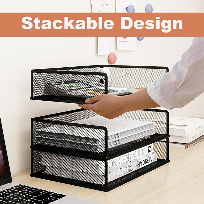 Natwind 3-Tier Stackable Metal Mesh Letter Paper Tray Organizer,Black | Desk Organizer For Paper,Document,Mail Tray For Office Supplies,File Holder For Home Office School Classroom Organization