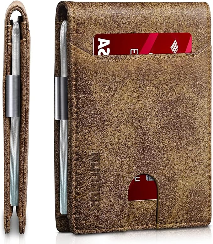 RUNBOX Slim Wallets for Men - Leather Money Clip Mens Wallet - RFID Blocking Front Pocket Bifold Wallet - Thin Credit Card Holder with Gift Box