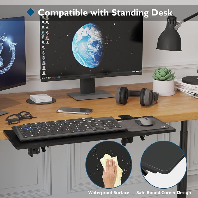 BONTEC Ergonomics Desk Extender Tray, 27.2x9.5 Inch Table Mount Arm Rest Shelf, 90° Foldable Keyboard Tray Platform, Clamp on Computer Arm Rest for Desk, Suitable for Office Desks, Black Carbon Fiber