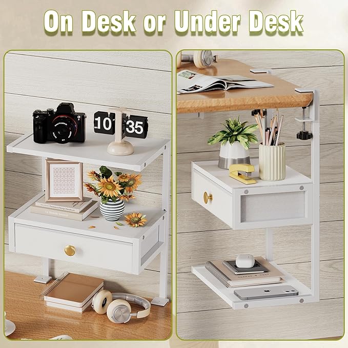 VENNQD Clamp On Desk Shelf, 2-Tier Desktop Organizer, Wood Desktop Supplies Tabletop Book Storage Rack with Adjustable Shelves for Table Working and Gaming Accessories, White