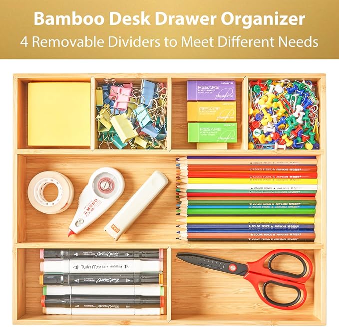 Umilife Large Bamboo Desk Drawer Organizer, Wood Office Junk Tray, 15"x12" | 2.4" Tall for Deep Drawer - Adjustable slots - Anti Slip Silicone Pads - Versatile Storage Box in Kitchen, Pantry