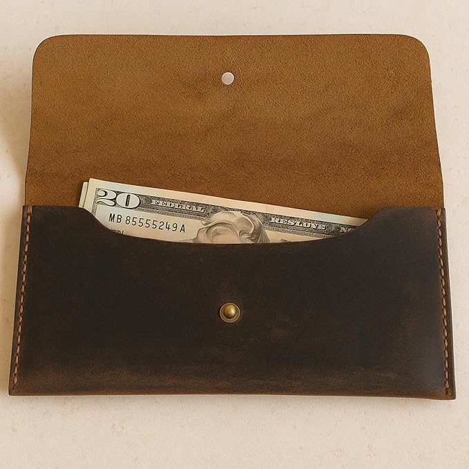 Leather Currency Pouch Large Flap Continental Wallet, Utility Organizer Bag for Cash Coins Travel Leather Money Pouch Envelope Storage Bag and Cash Organizer Men Women (Dark Brown)