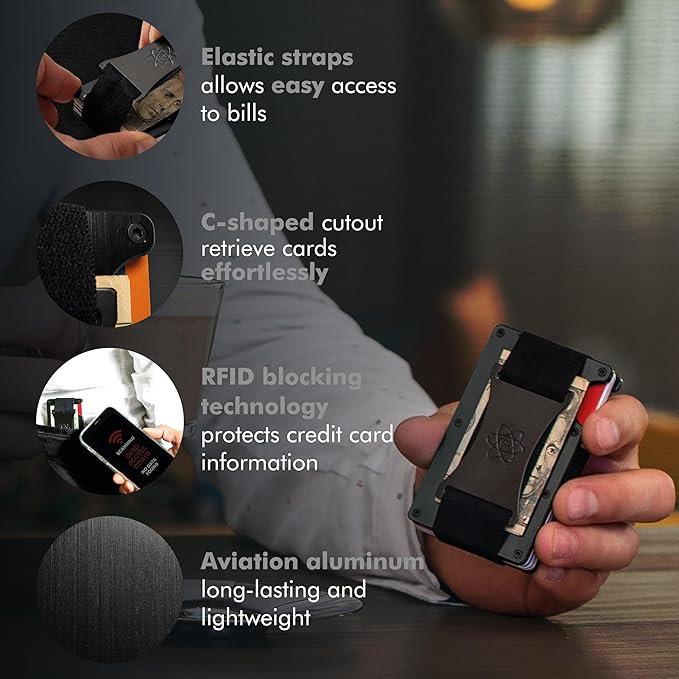 ROSSM Minimalist Wallet for Men - RFID Slim Wallet for Men - Thin Carbon Fiber and Metal Wallet with Cash Strap
