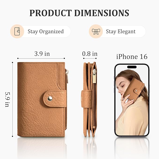 Airkit Small Women's Bifold Wallet, RFID Blocking Credit Card Holder with Zipper, Travel Cute Coin Pocket Wallet for Ladies, Brown