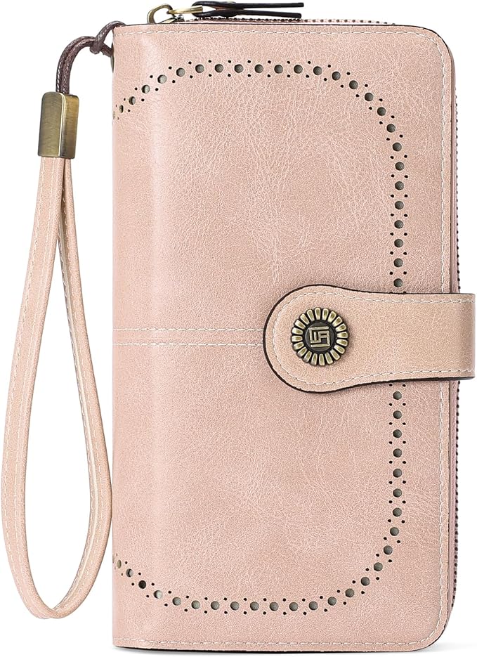 RNIEGA Womens Wallet Leather Billfold RFID Blocking Credit Card Holder Wristlet Wallets for Women Ladies Purses with Zipper Coin Pocket