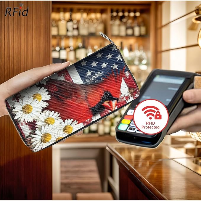 Bxgolkgd Womens Wallet, RFID Blocking Leather Wallet,Large Capacity Wallet Credit Card Holder PU Leather Ladies Clutch with Zipper Coin Pocket - American Flag Cardinal Daisy