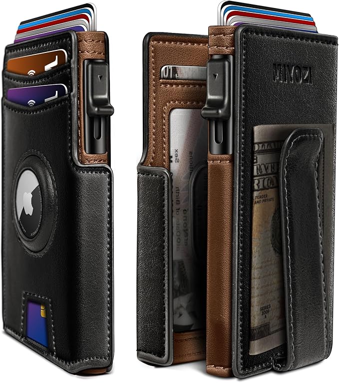 miyozi Airtag Wallet for Men,with Money Clip 10 Cards Metal Case Smart Slim Pop Up Credit Card Holder Flip with Magnetic Closure RFID Blocking wallet with Gift Box