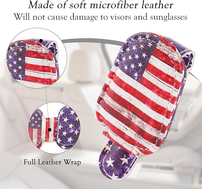 HemerVows Sunglass Holder for Car, Vintage American Flag Print Magnetic Leather Visor Sunglasses Holder Clip, Universal Sun Visor Accessory Eyeglass Clip for SUV Pickup Truck