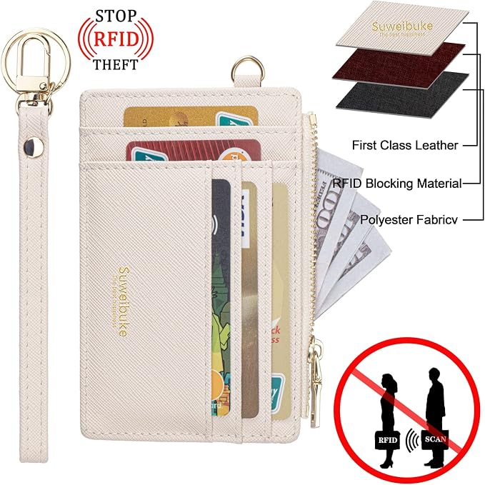 Wikavanli Women Slim Rfid Blocking Credit Card Case Holder Wristlet Zip ID Case Wallet Small Compact Leather Wallet Coin Purse with Keychain (Beige)