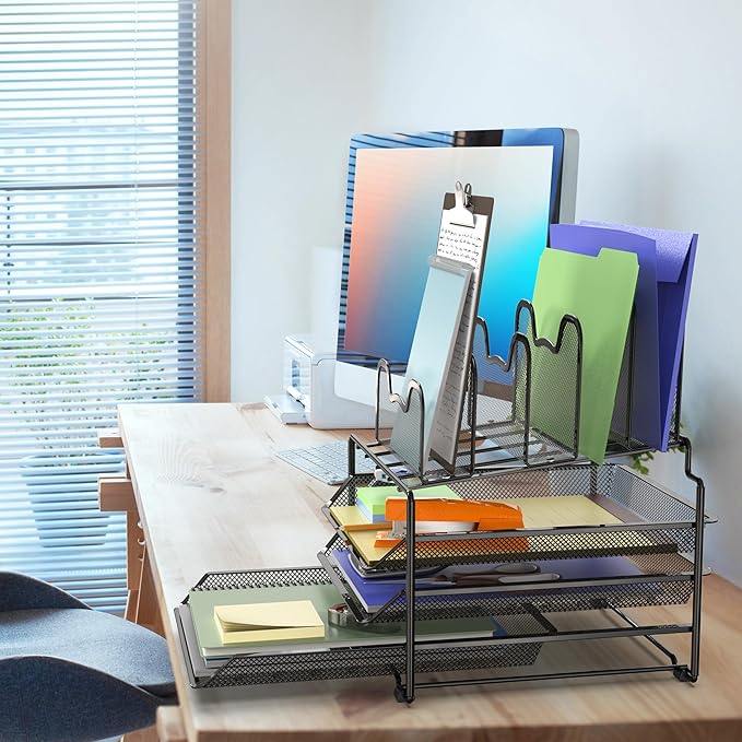 Simple Houseware Desk Organizer with 3 Sliding Tray and 5 Stacking Sections, Black