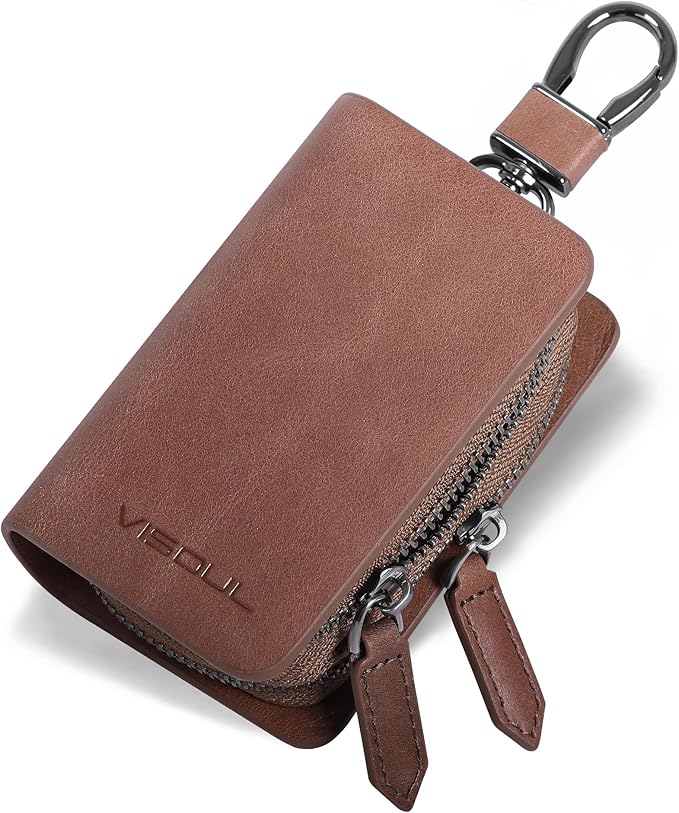 VISOUL Car Key Case Holder Double Zipper, Leather Car Smart Key Fob Case with Keychain for Men and Women