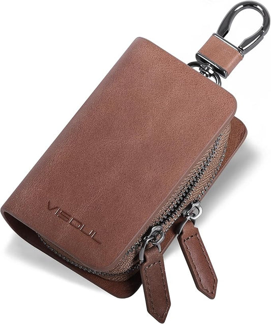 VISOUL Car Key Case Holder Double Zipper, Leather Car Smart Key Fob Case with Keychain for Men and Women