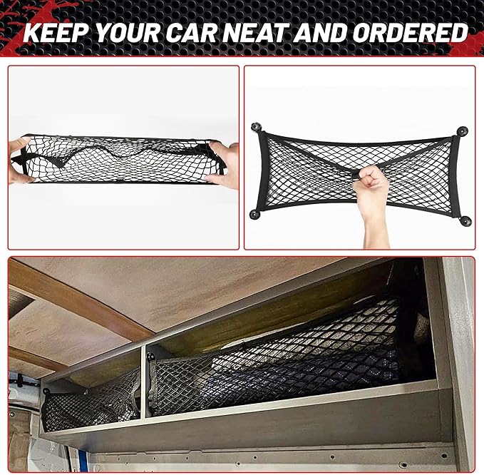 RED WOLF 2 Pcs Universal Elastic Mesh Netting Car Pouch for Trunk RV Boats Home Cargo Storage with Screws and Hooks (23.6'' x 9.8'')