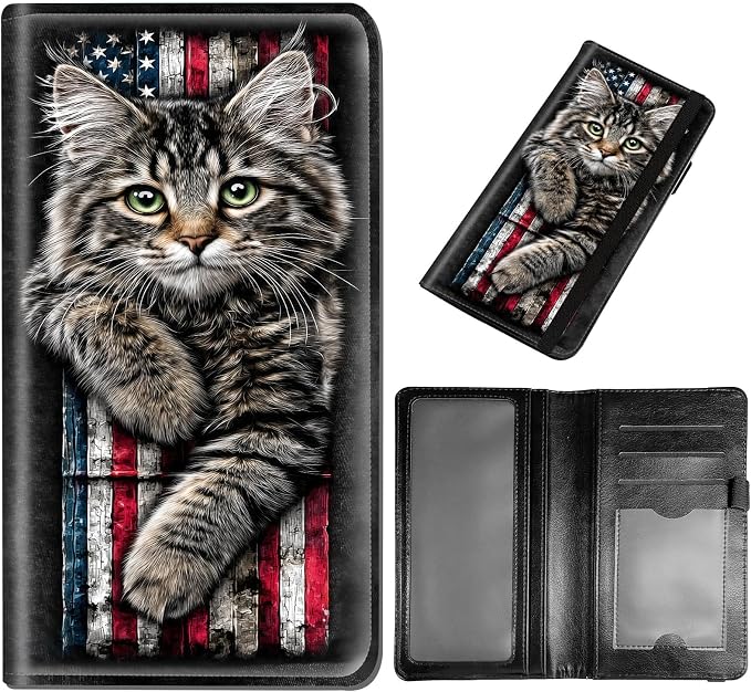 DEGDFSGR Checkbook Cover PU Leather Checkbook Covers for Women for Duplicate Checks, Check Book Covers with RFID Blocking Function for Personal Checkbook, American Flag Cat
