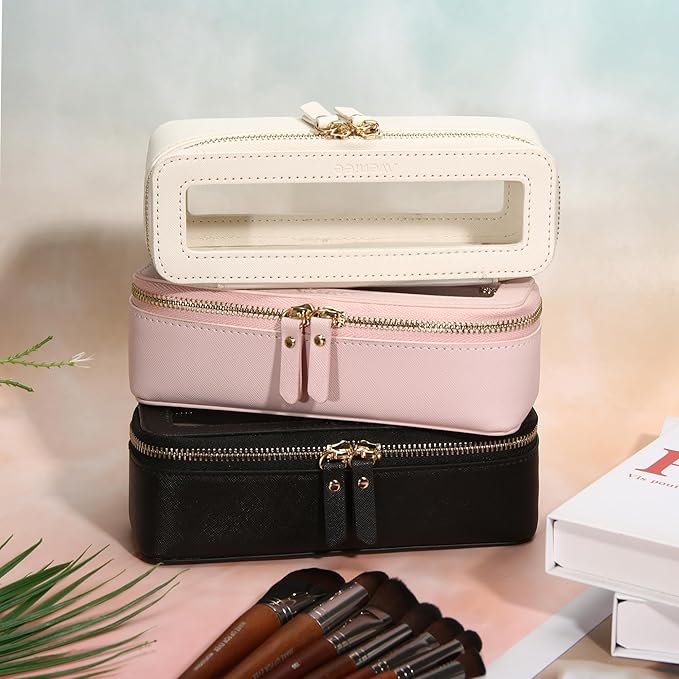 Aveniee Clear Makeup Brush Bag, Slim Brush Holder Cosmetic Case, Small Travel Toiletry Bag for Women, Thin Make up Bags with Dual Zipper, Cute Travel Essentials Srorage Bag,Hotpink